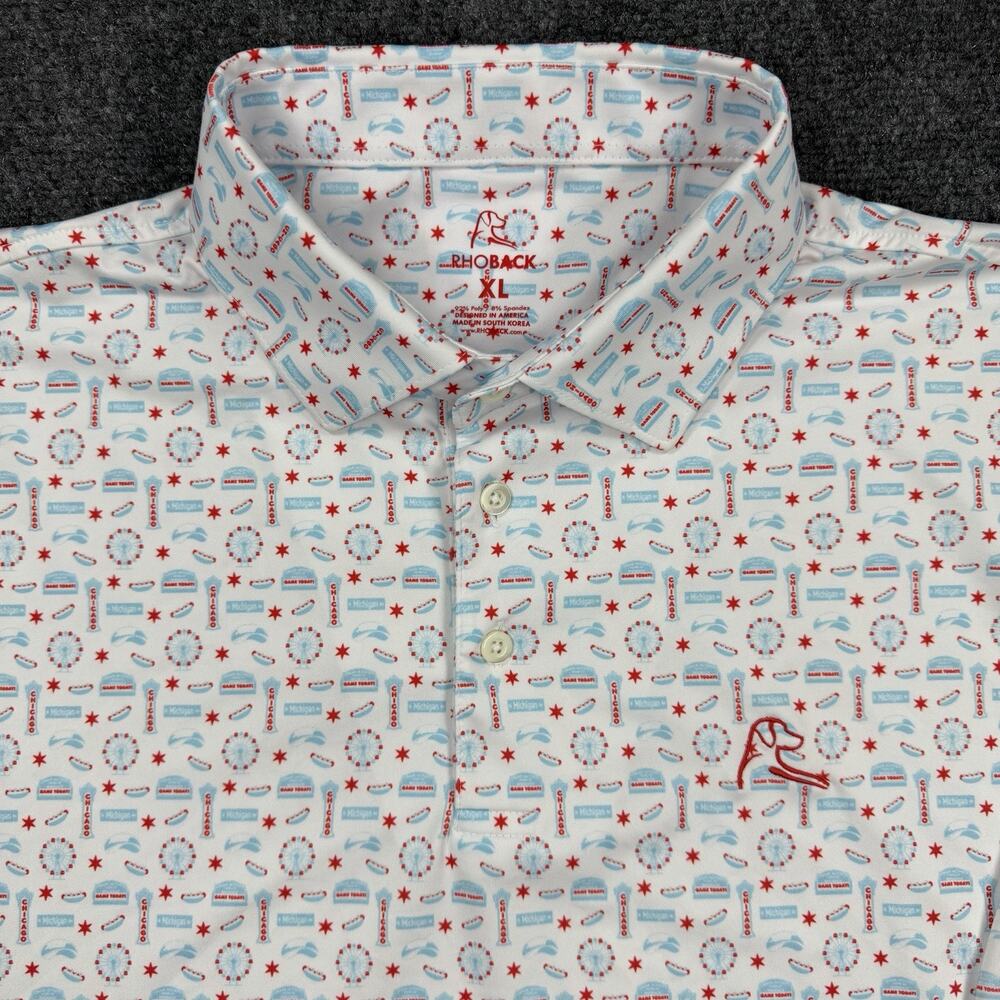 Rhoback Chicago Hot Dog Performance Golf Polo Men’s XL White Red Blue Shirt - Picture 3 of 11